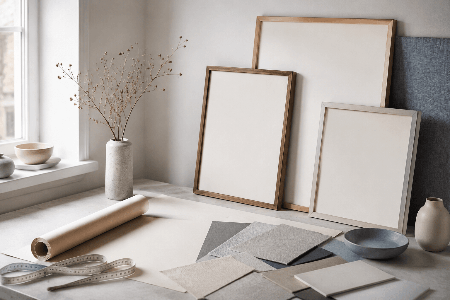 Home studio table with blank frames and layout paper
