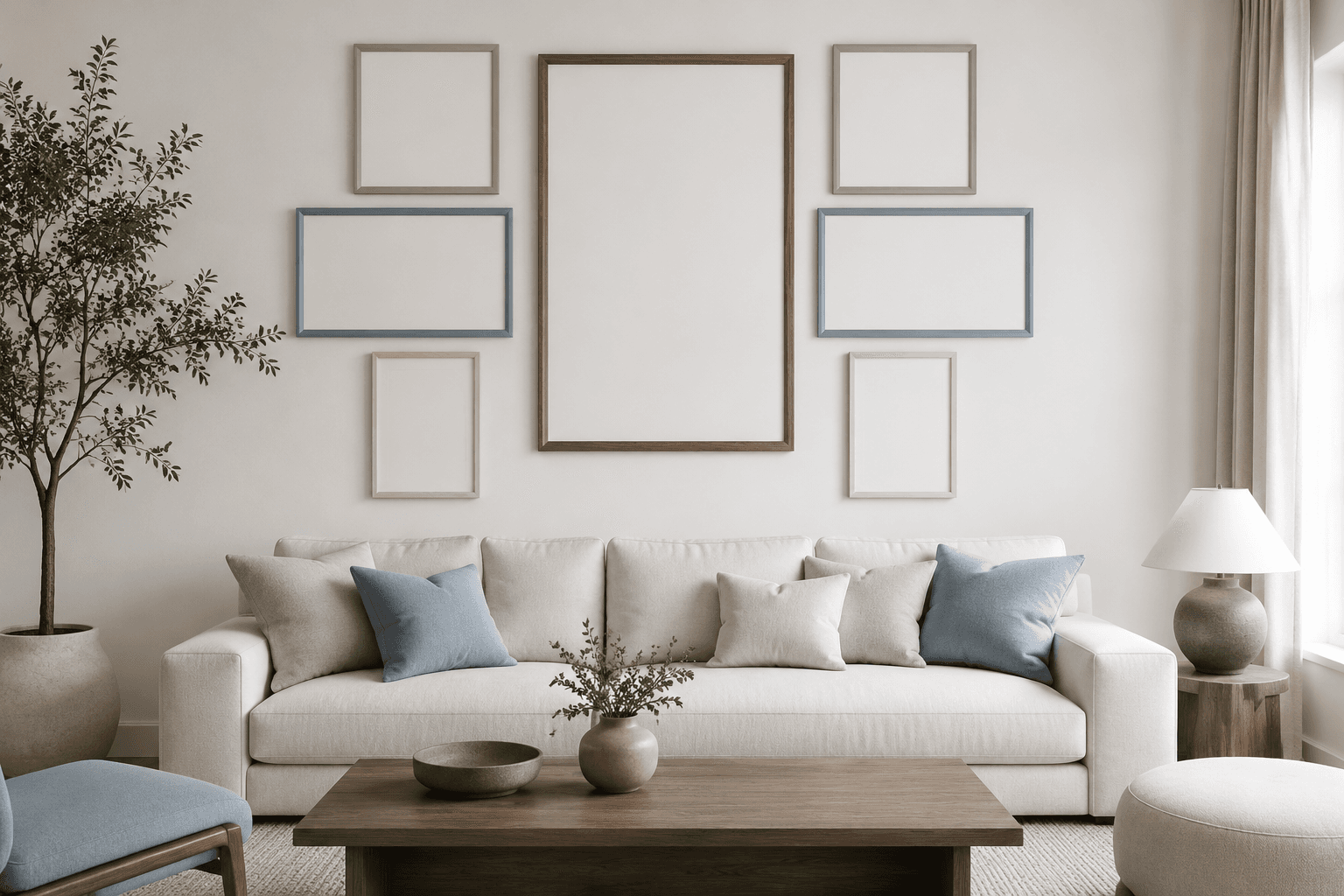 Symmetrical gallery wall of blank frames above a sofa