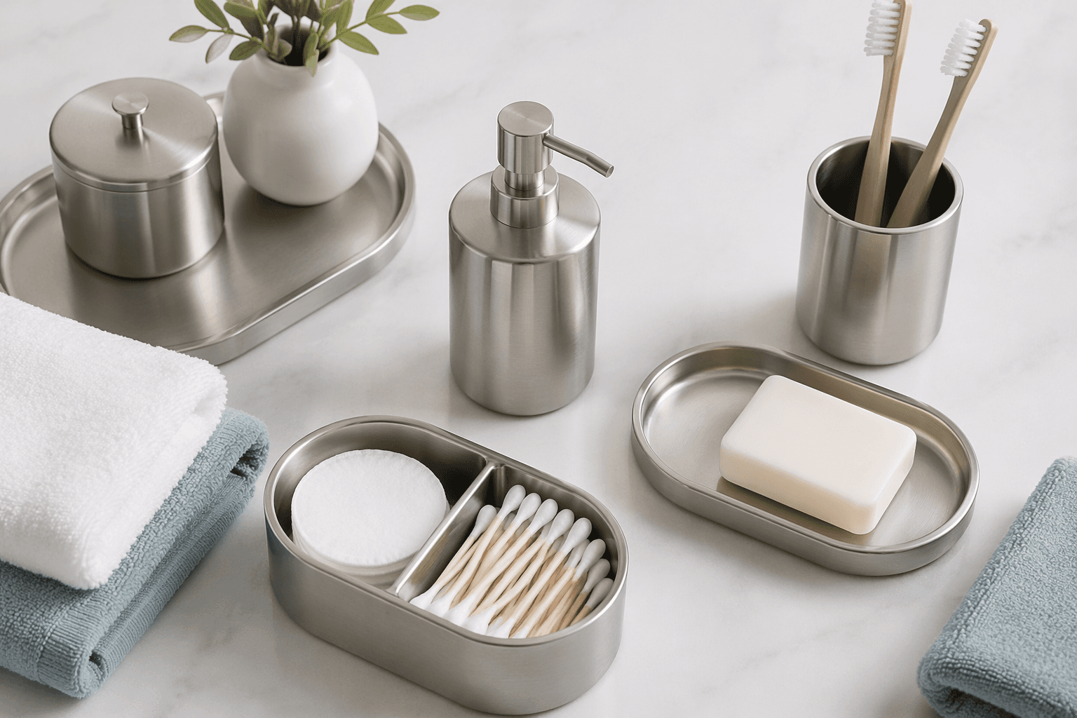 Brushed metal bathroom organisers laid out neatly